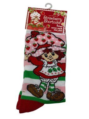 Strawberry Shortcake Crew Socks One Size Pink Green Retro Cartoon NWT